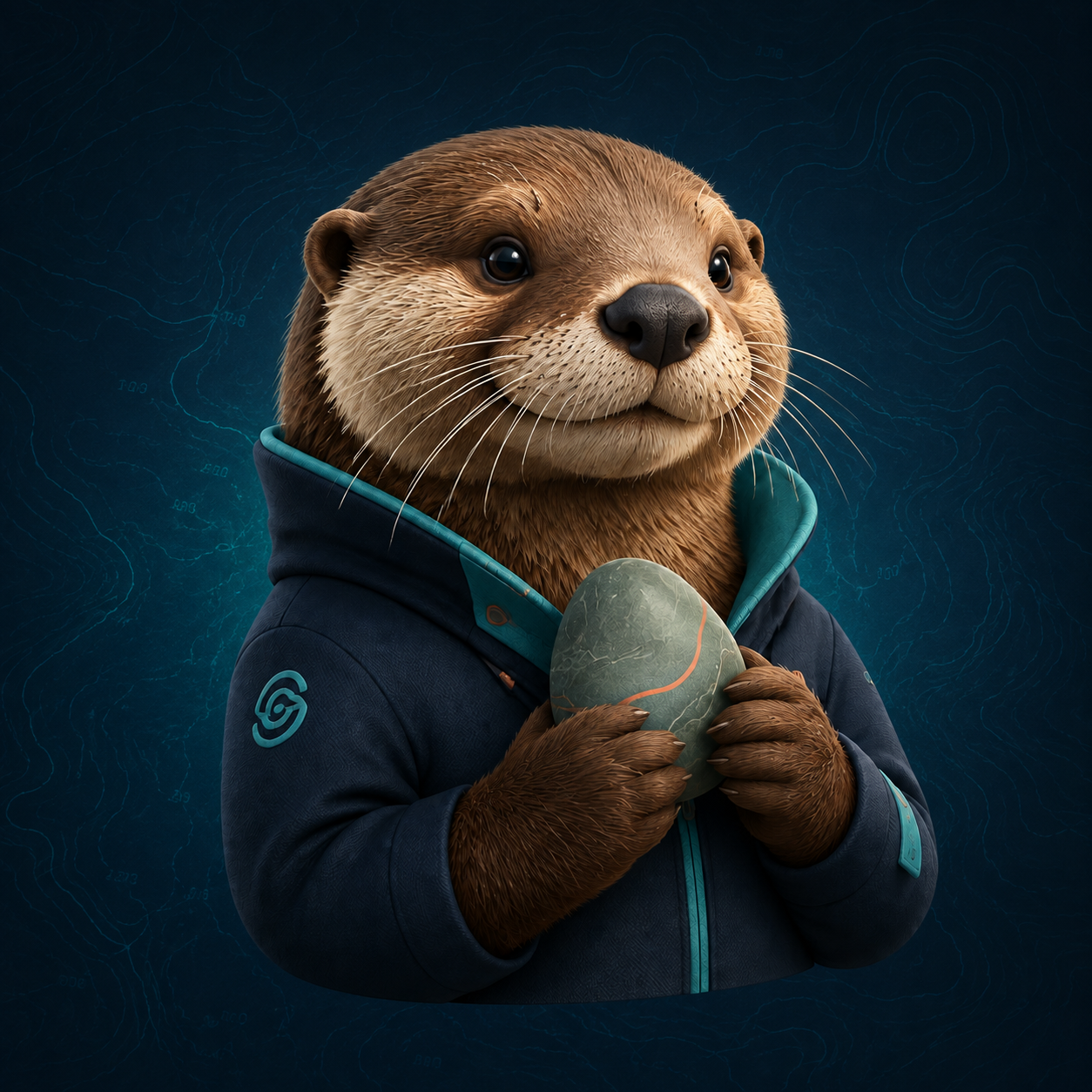 Otterly Insight sea otter mascot in a navy jacket holding a stone